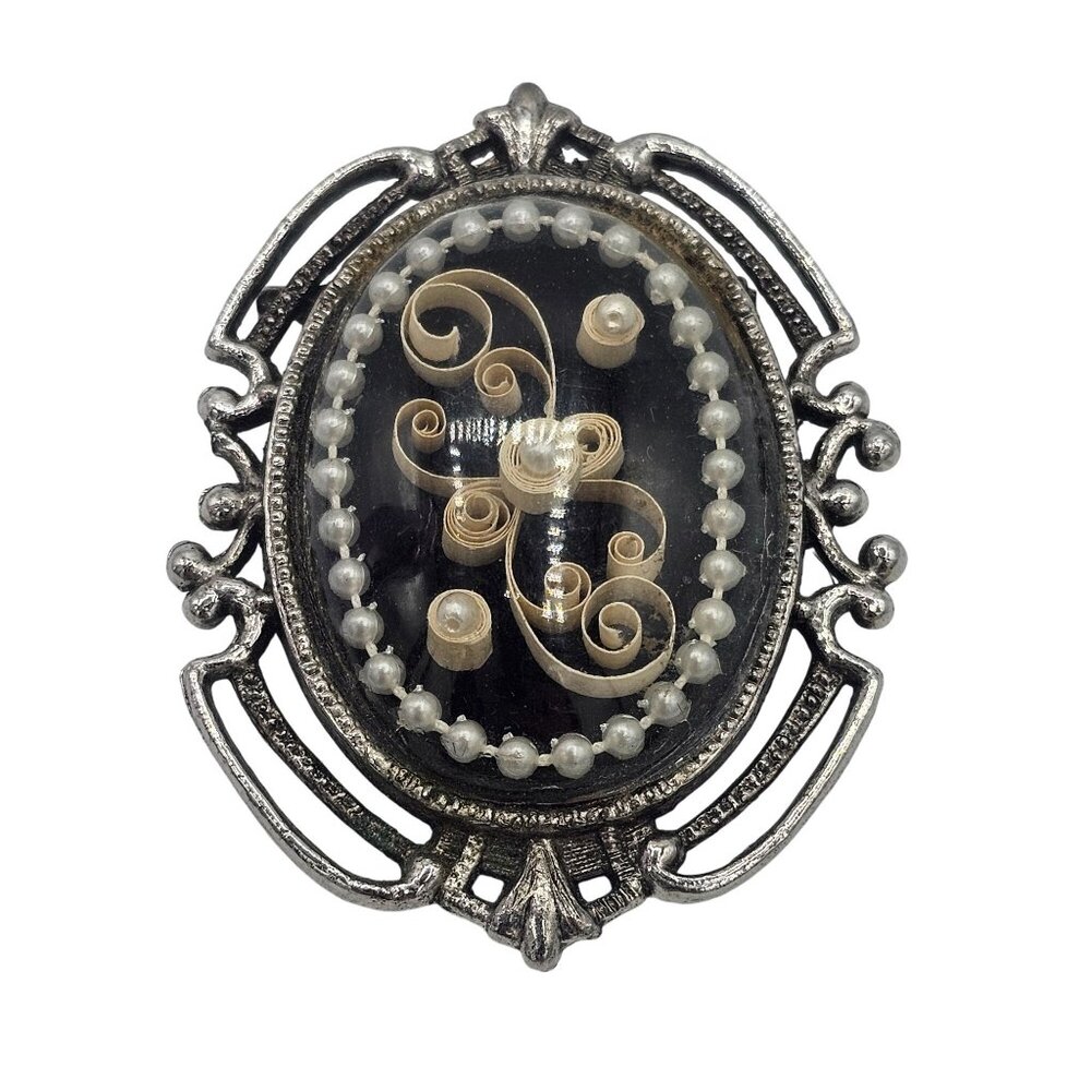 Vintage Handmade Kitty Eshleman Oval Brooch Filigree Paper Scrolls Glass Dome